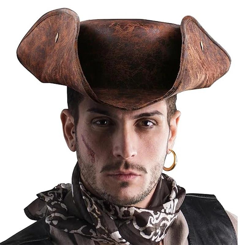 Faux-Leder Piratenhut Vintage Knitterig Abgenutzt Dreispitz Piratenhut Für Damen Herren Halloween Kostüm Cosplay Zubehör
