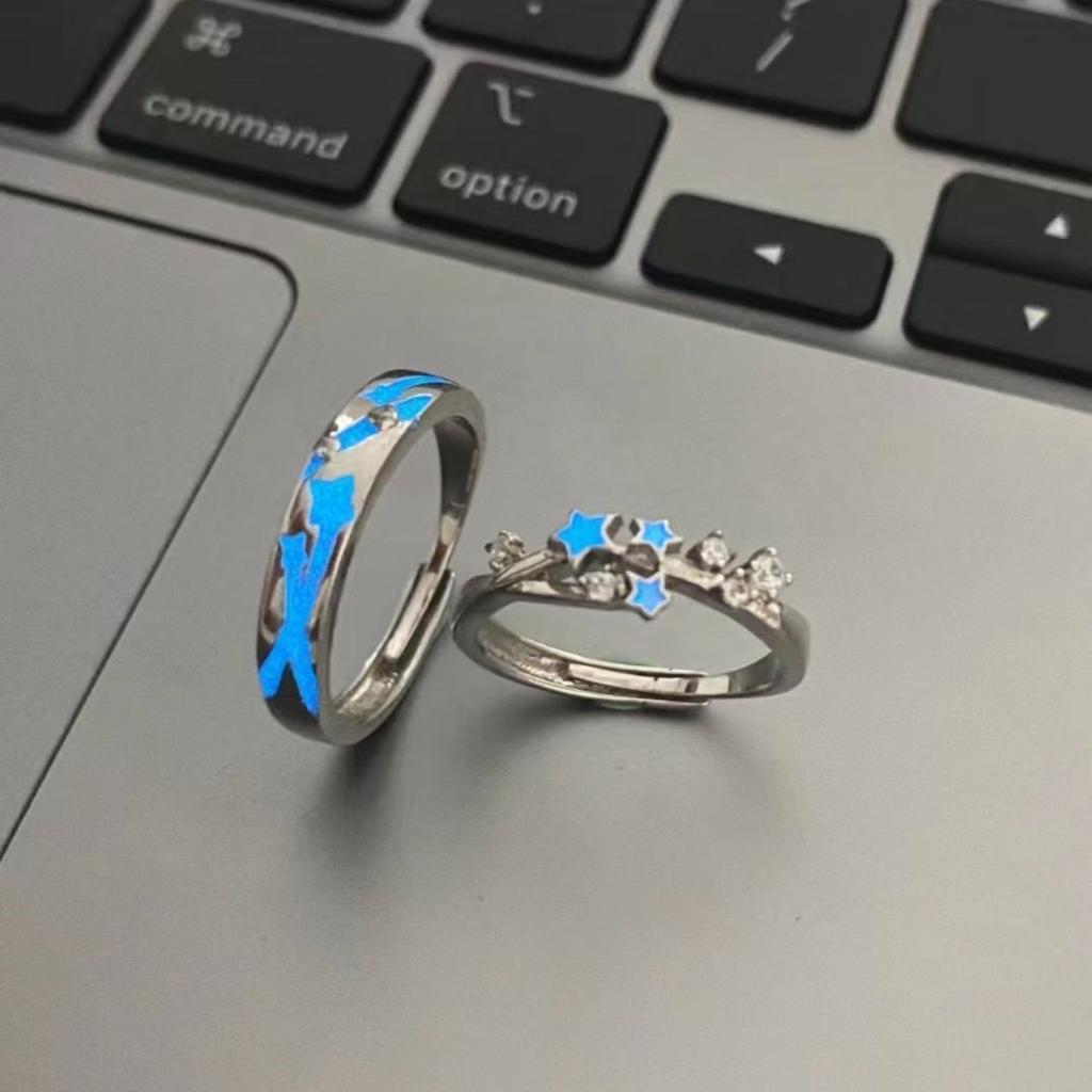 Glow In Dark Blue Green Light Star Ring Fluorescent Heart Ring For Women Men Couples Finger Rings Luminous Jewelry Adjustable