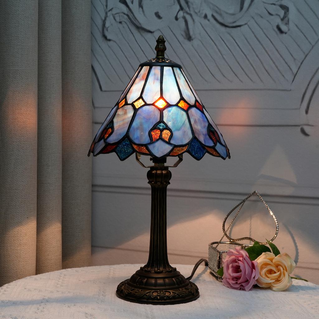 Baroque Style Stained Glass Table Lamp Night Light with 8 Inch Wide Blue Lampshade for Bedside Bedroom Living Room