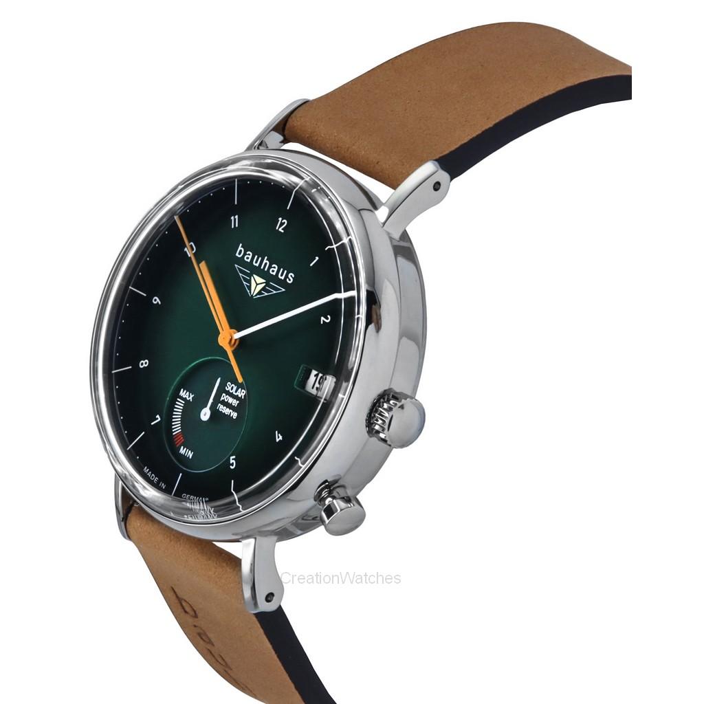 Bauhaus Classic Brown Leather Strap Dark Green Dial Solar 21124 Men's Watch