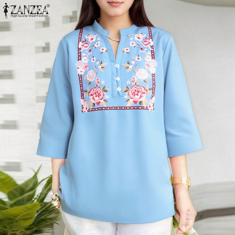 ZANZEA Women Floral Print Casual 3/4 Sleeve Blouse