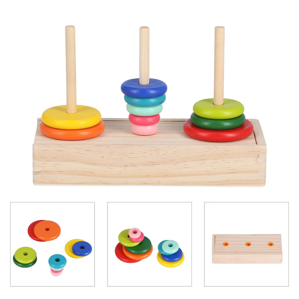 Tower of Hanoi 10 Rings Puzzle Wooden Logic Toy with Storage Box for Kids 5 Years Old and AboveL