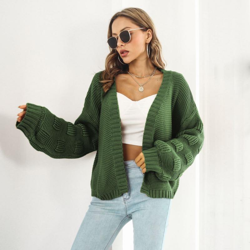 Three-dimensional Bubble Lantern Sleeve Loose Knitted Cardigan Women's Autumn and Winter  Sweater