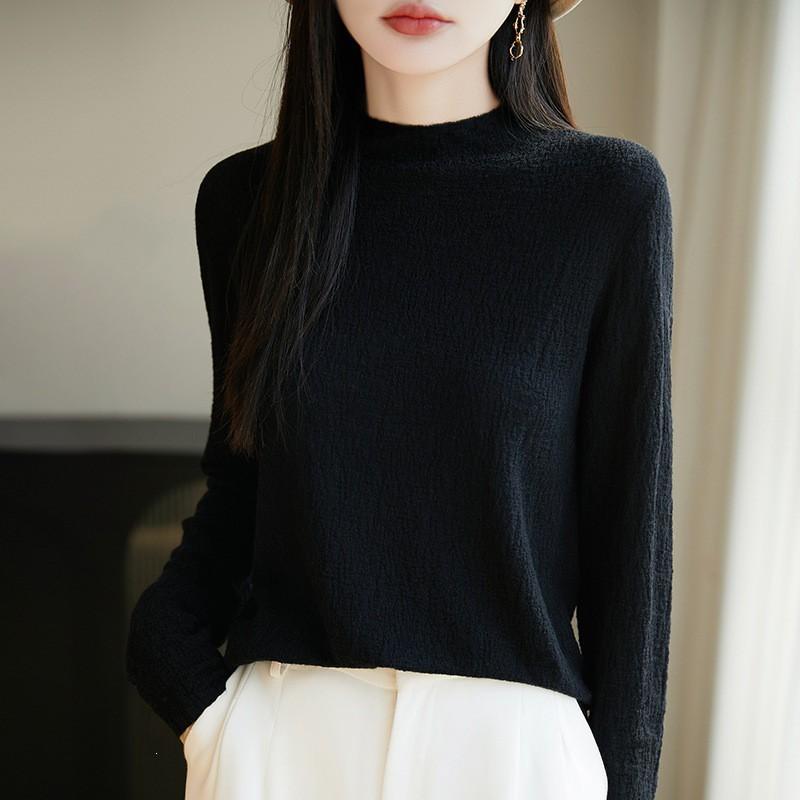 Womens Semi-High Neck Knit Top Solid Color Slim Fit Thin Base Layer 2026