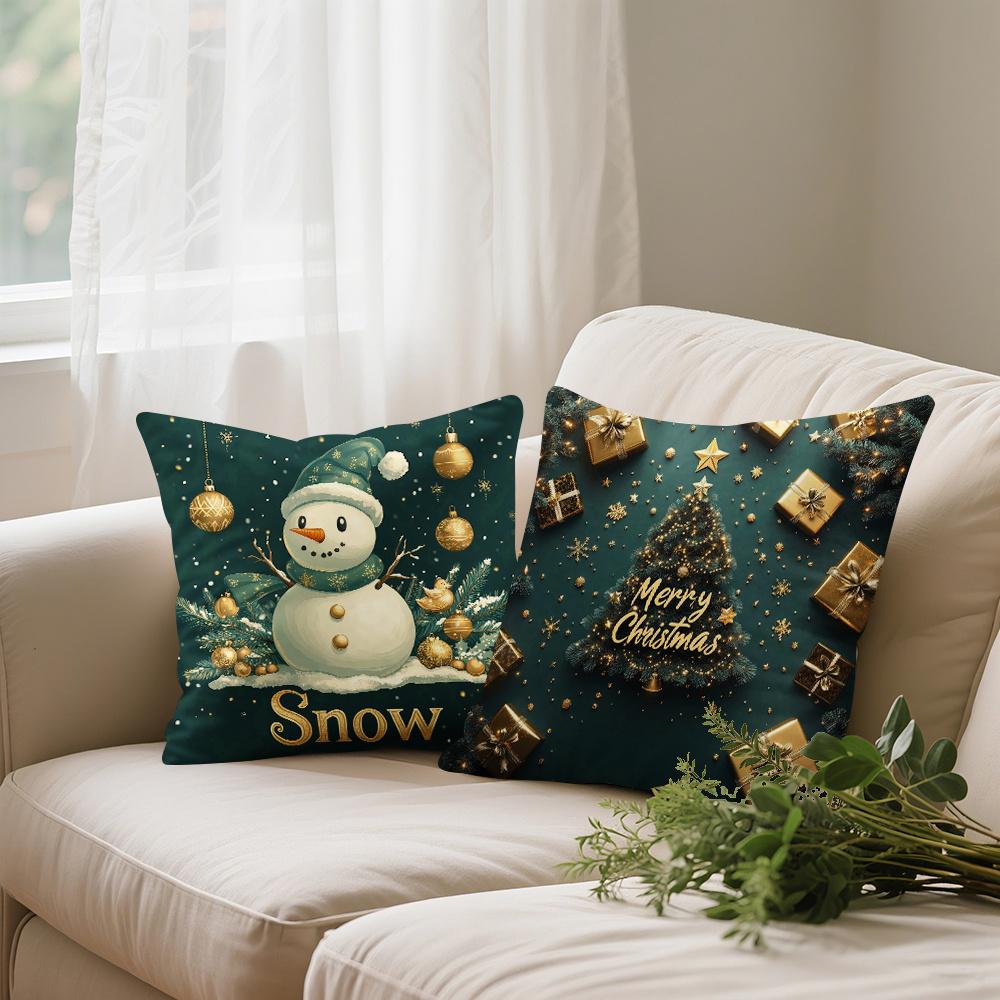 4pcs Set Christmas Pillow Cover Green Christmas Themed Pillowcase 17.7 Inches * 17.7 Inches Single-sided Printed Christmas Decoration Sofa Lumbar Supp