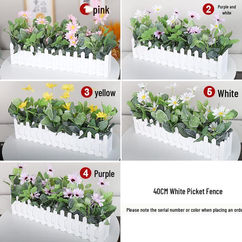 Silk Flower Pot with Wood Fence: Decorative Bonsai for Living Room or Office.