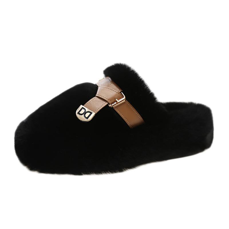 2025 Fall/Winter New Platform Toe Wool Slippers Women's Outer Belt Buckle Plus Size 35-42 Home Cotton Slippers