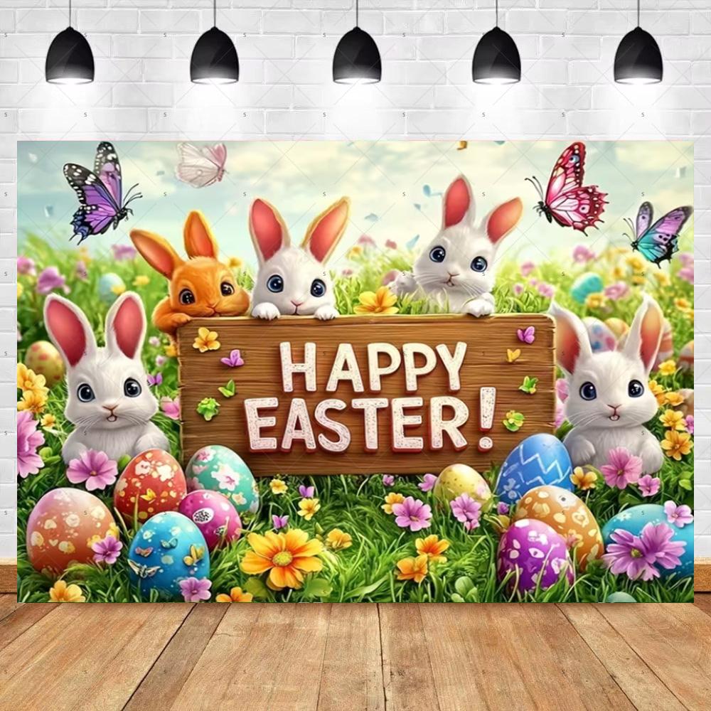 Spring Vibrant Rabbit Backdrop Supplies Happy Easter Theme Background Banner Bunny Easter Eggs Party Decoration Photography Prop