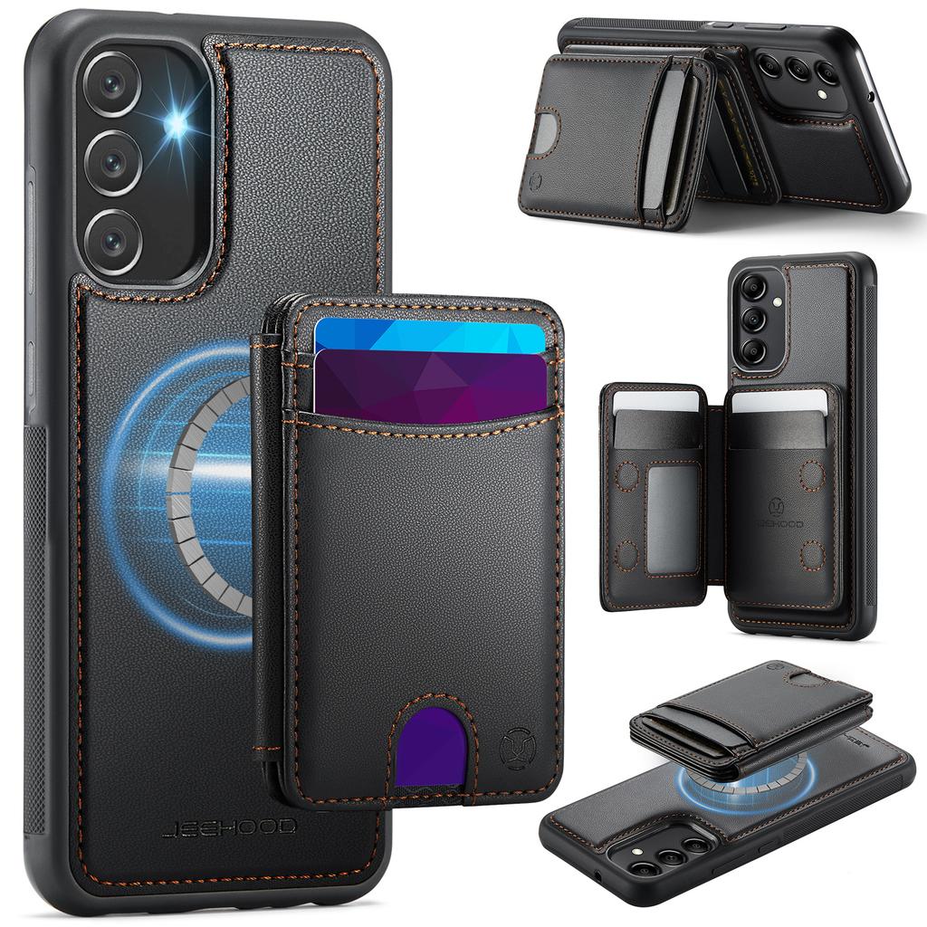For Samsung Galaxy A34 5G Magnetic Case JEEHOOD J10 Leather Back Phone Cover with Detachable Card Holder Kickstand