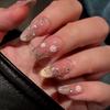 24Pcs Blue Almond Full Cover Nail Tips Short Round Head Fake Nails Set with Cherry Design Wearable Glitter Press on False Nails
