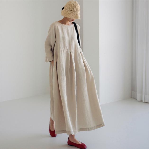 Loose Plus Size Cotton Linen Round Neck Pullover Dress - Japanese & Korean Style, Solid Color, Knee-Length Swing Skirt.