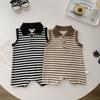 Unisex Infant Striped Sleeveless Romper with Lapel and Snap Crotch