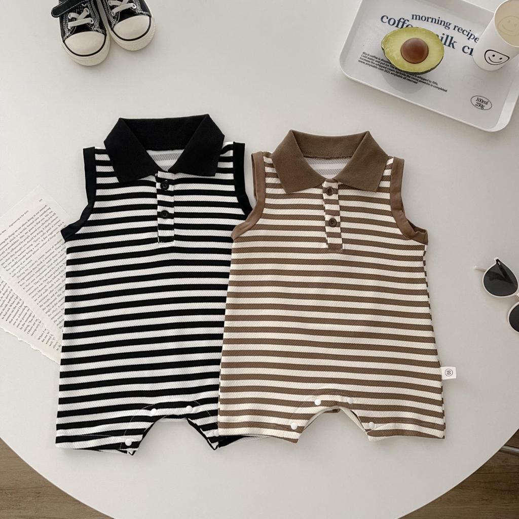 Unisex Infant Striped Sleeveless Romper with Lapel and Snap Crotch