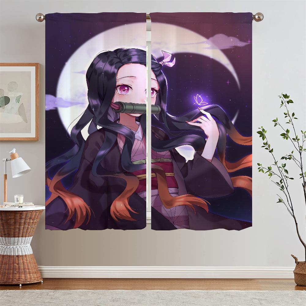 Nezuko Kamado Curtain Window Curtains for Living Room Decoration Curls Tulle In Kitchen Curtains 2 Pieces Window Blinds Blackout