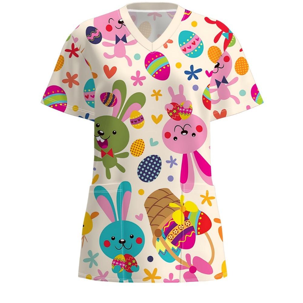 Clinical Uniform Woman Vet Easter Themed Print Top Summer Elegant V-Neck Short Sleeve with Pockets Dentist Scrubs Uniform Woman