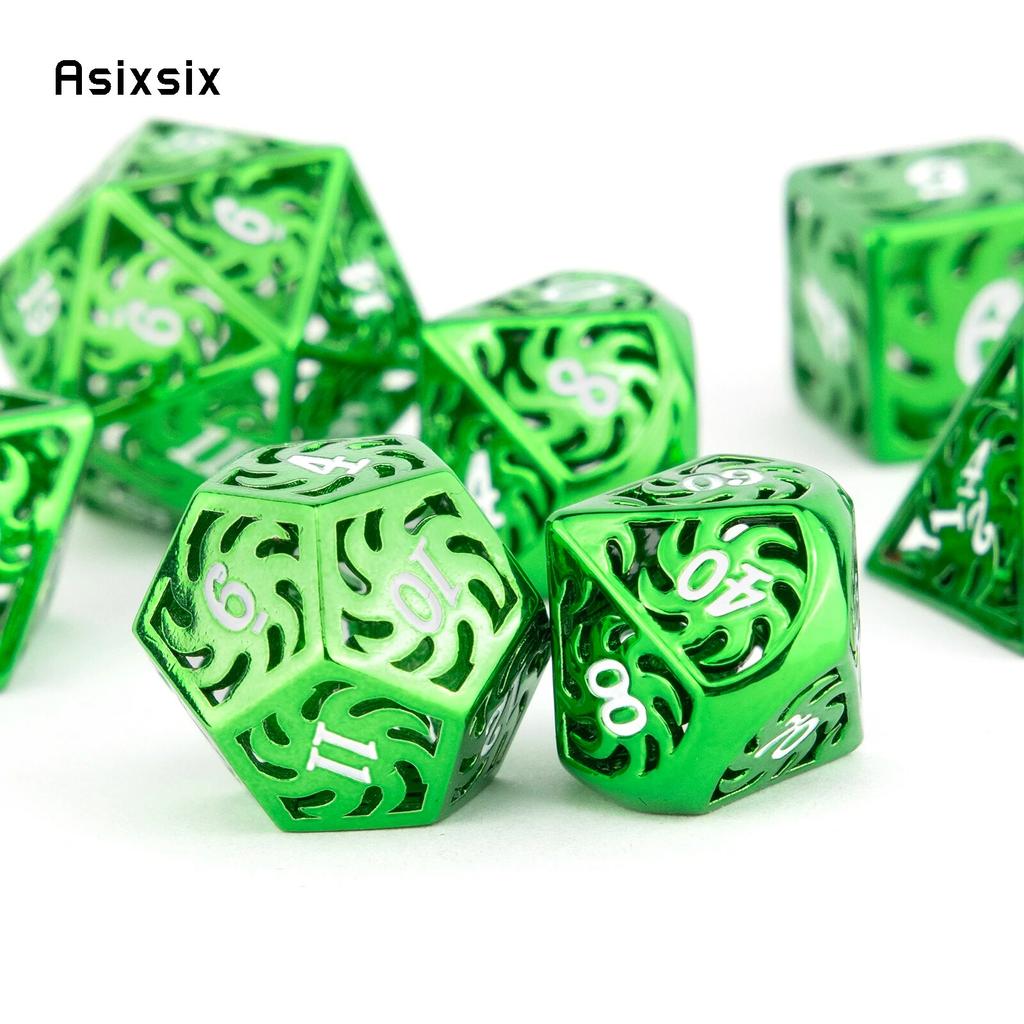 7 Pcs Green White Rotary Windmill Metal Dice Hollow Metal Polyhedral Dice Suitable for Role-Playing RPG Board Game Card Game