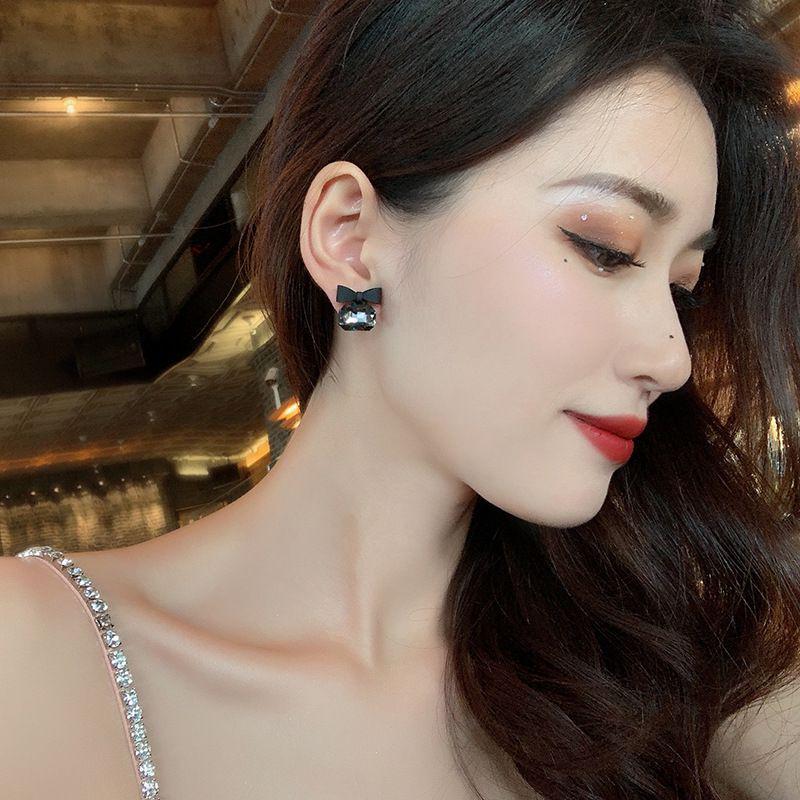Black Crystal Bowknot Earrings: Elegant S925 Silver Studs for Women