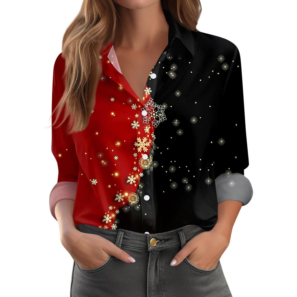 Skjortebluse for kvinner Juletrykkknapp Langermet Casual Basic skjortekrage Vanlig topp