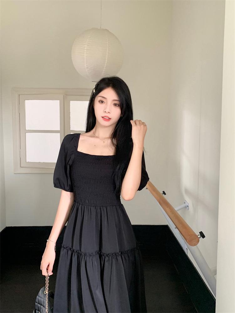 Plus Size French Bubble Sleeve Square Neck Summer Dress - Slimming Hepburn Style Little Black Dress