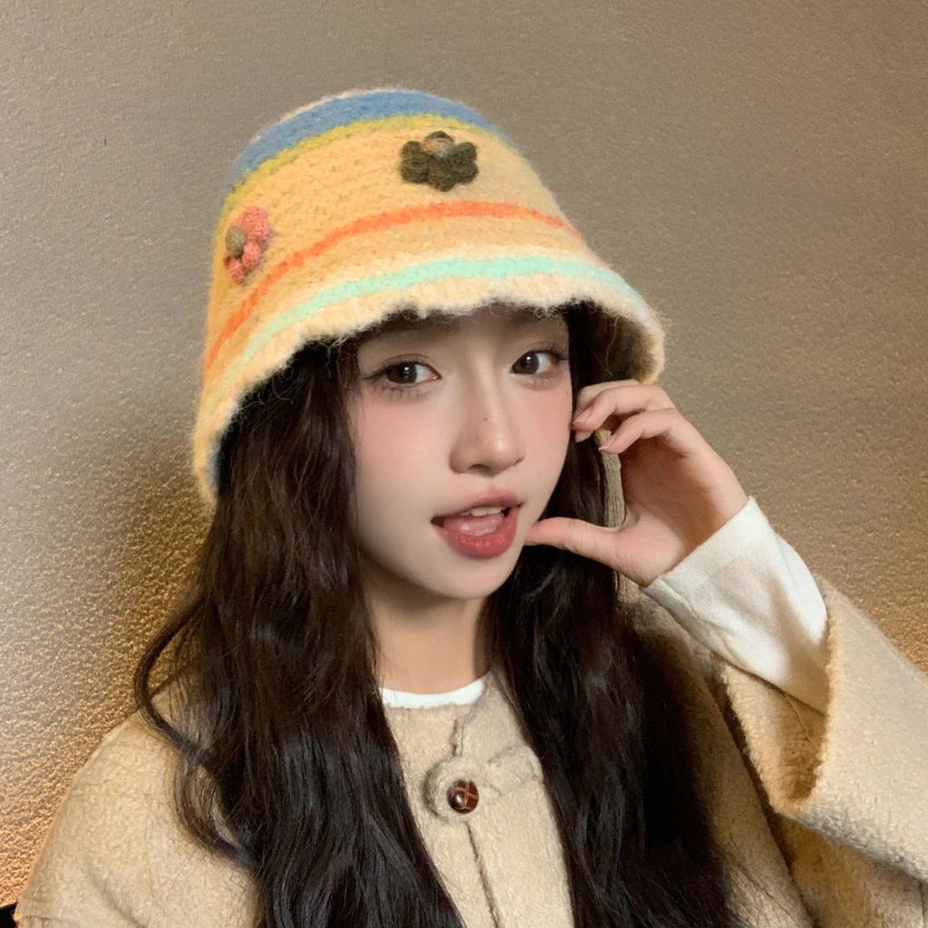New dopamine color retro handmade warm plush hat women's autumn and winter wool hat knitted bucket hat cold hat
