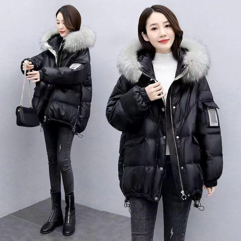 Down Cotton Jacket Women's Mid Length Korean Version Loose Fitting Thick Jacket Large Woolen Collar Winter Hooded Outfi