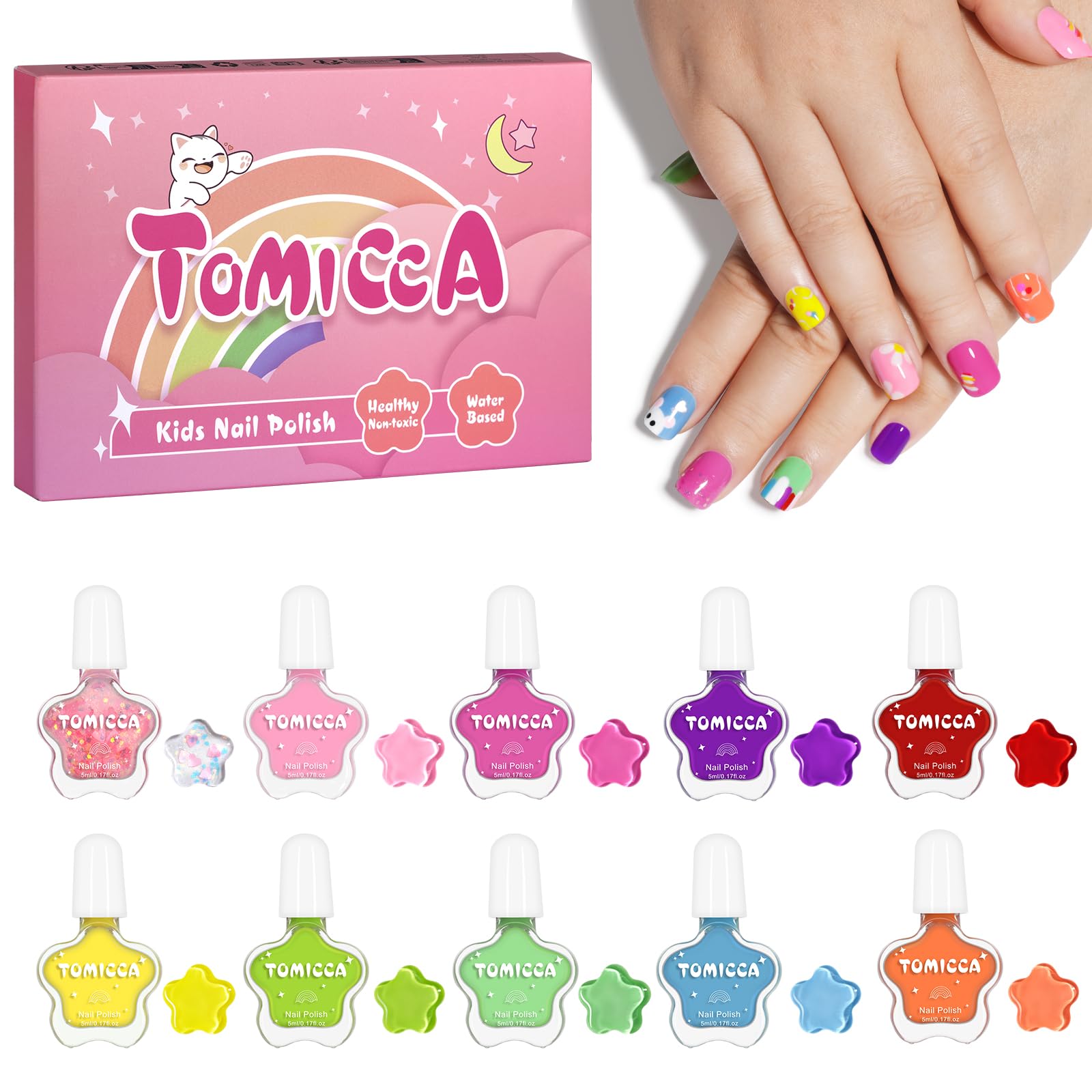 TOMICCA Kids  Peel-Off Nail Polish Set, 10 Colors, Water-Based Nail Polish, Makeup Set, Kids  Nail Polish, Birthday Gift