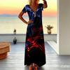Women Plus Size V Neck Short Sleeve Maxi Dress Black Beige Brown Geometric Block Print Loose Long Dress