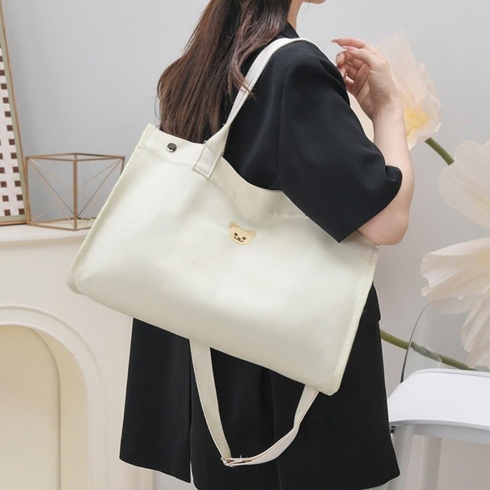 New Cartoon Bear Canvas Mother Bag Large Capacity Multifunctional Shoulder Crossbody Bag White Diaper Bag Women