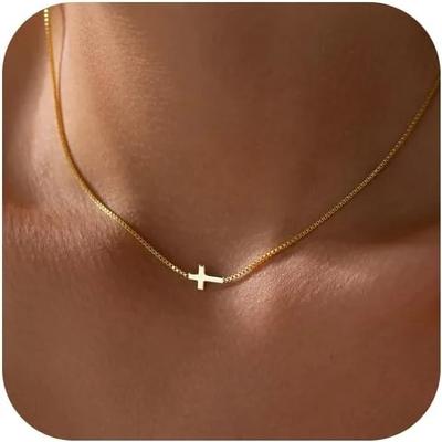 Cross Necklace for Women 14K Gold Plated Small Cross Pendant Choker Simple Trendy Charm Chain Necklace Zircon Religious Gift