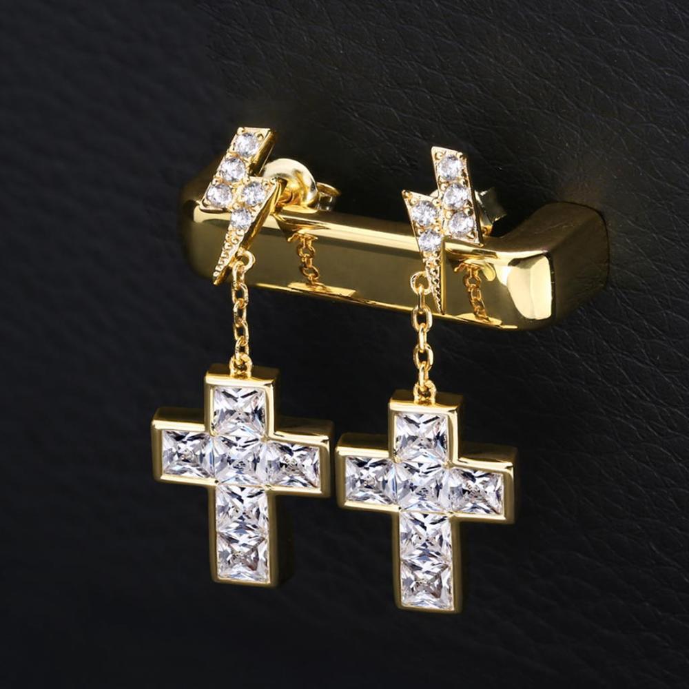 

Hip Hop Cross Pendant Dangle Earring For Men Women Gold Color Dazzling CZ Ice Studded Drop Rock Piercing Earing Zircon OHE138