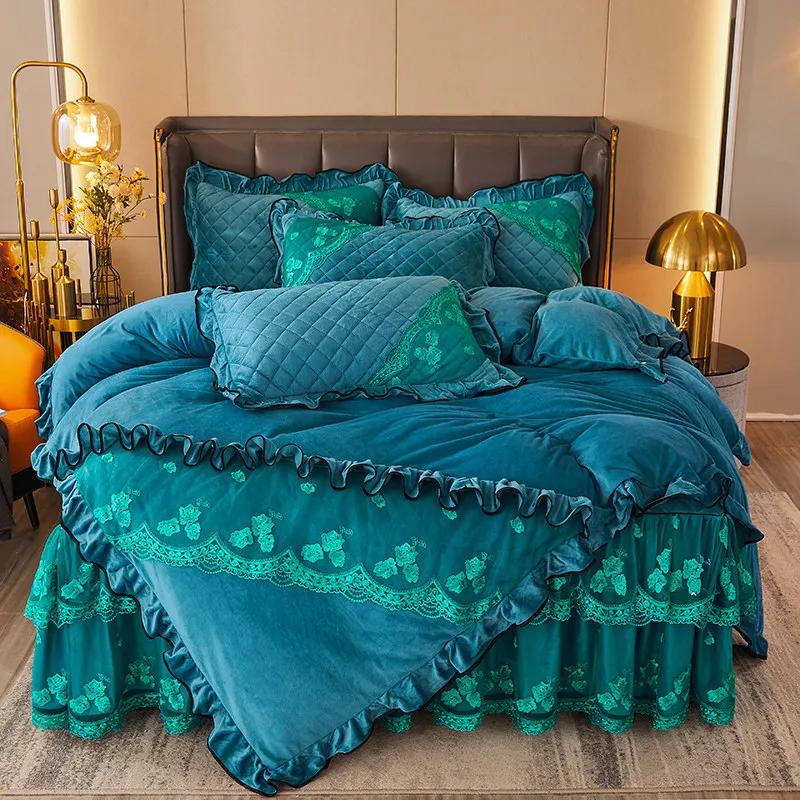 AI WINSURE-French 4pcs Bedding Set, Velvet Duvet Cover, Lace Bedspread, Queen Double King Size, Luxury, Soft Thick, for Winter