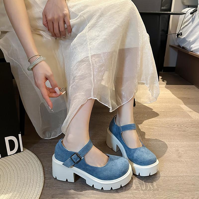 Mode Herbst Damen Flock Mary Jane Schuhe mit dicker Sohle und quadratischem Absatz Weibliche Harajuku Schuhe mit dickem Absatz Japanische Einzel Schuhe 2025 Pumps