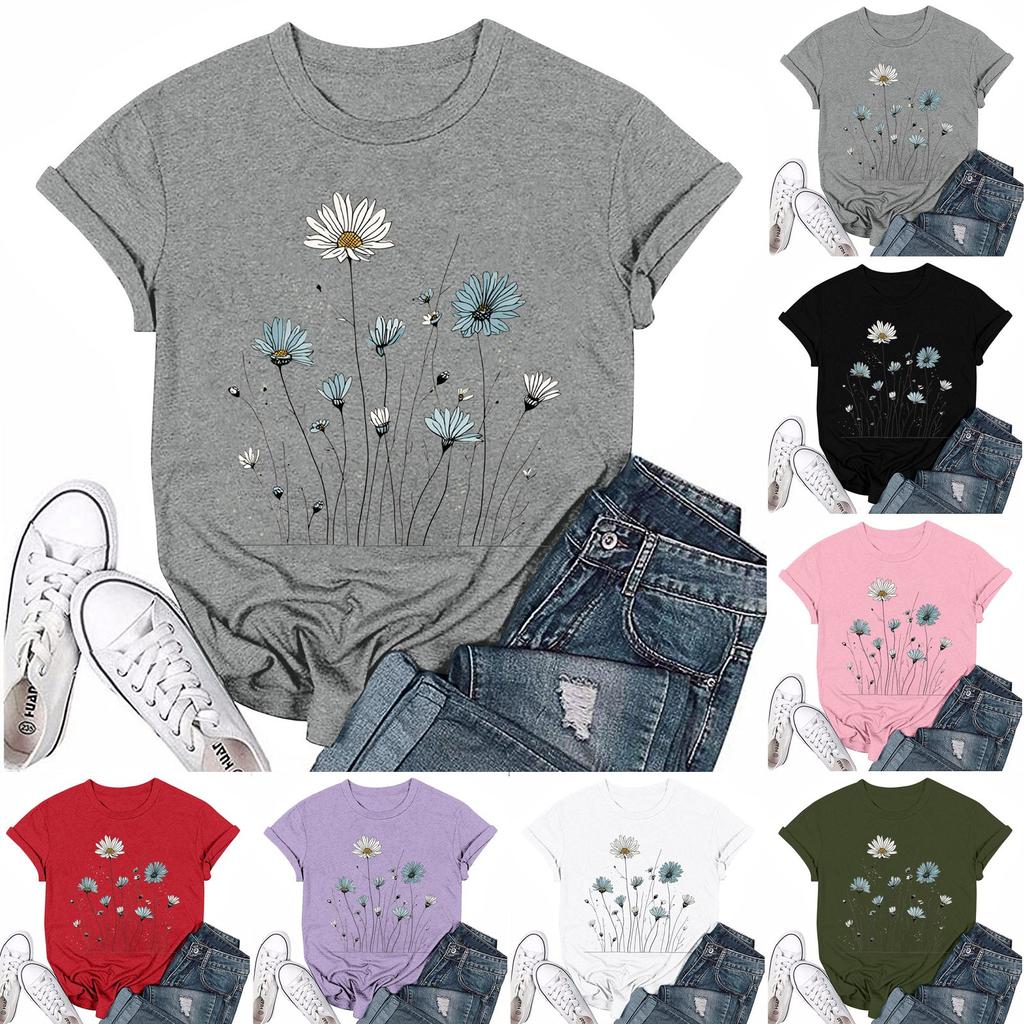 Women's Fashion Casual Printed Round Neck Short Sleeved T-Shirt Top T-Shirt Top Top