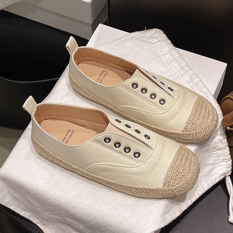 Aphixta Beige Espadrilles Splicing Flat With Shoes Metal Button Shallow Women Loafers Elastic Band Woman Casual Shoes