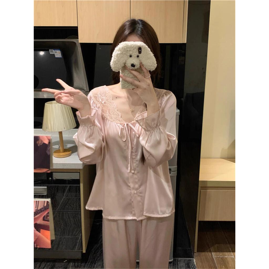 1011 French Simple Solid Color Pajamas Spring and Autumn Women's Pure Desire Lace Long Sleeves Trousers Loungewear Suit Outer Wear