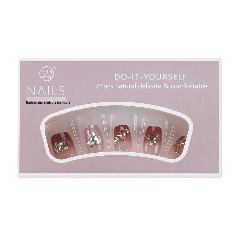 Handmade Champagne Rhinestone French Nail Art Tips - Wine Red New Year Style