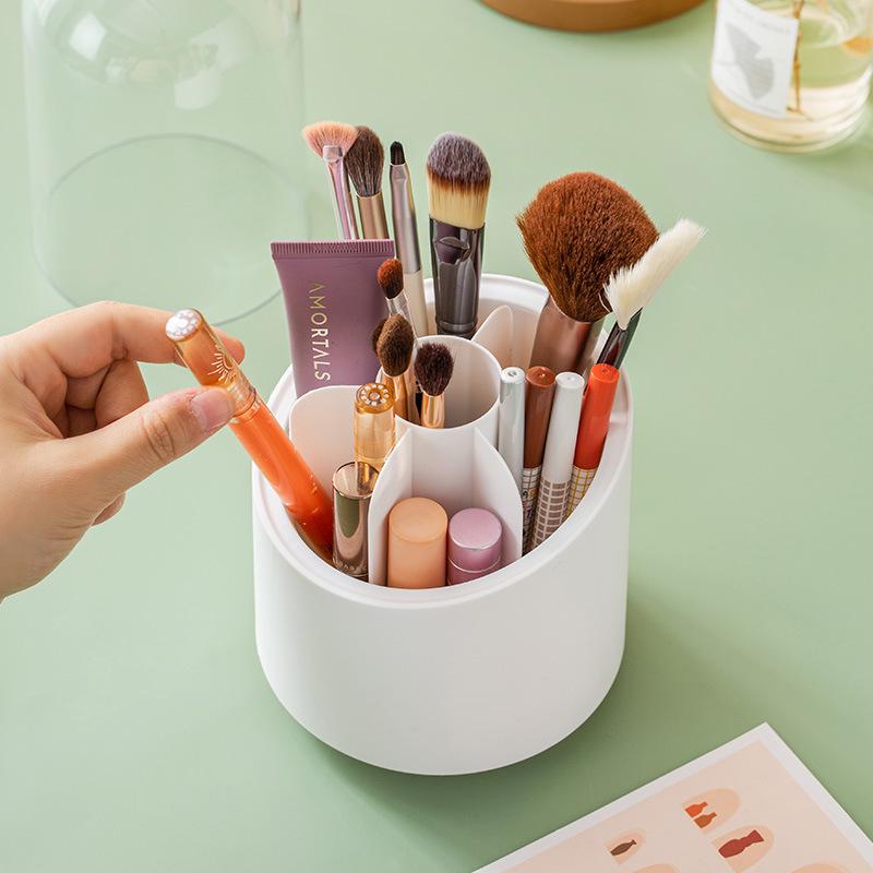 Rotatable Makeup Brush & Pencil Holder with Lid - Dustproof Desktop Organizer for Lipsticks & Eyebrow Pencils