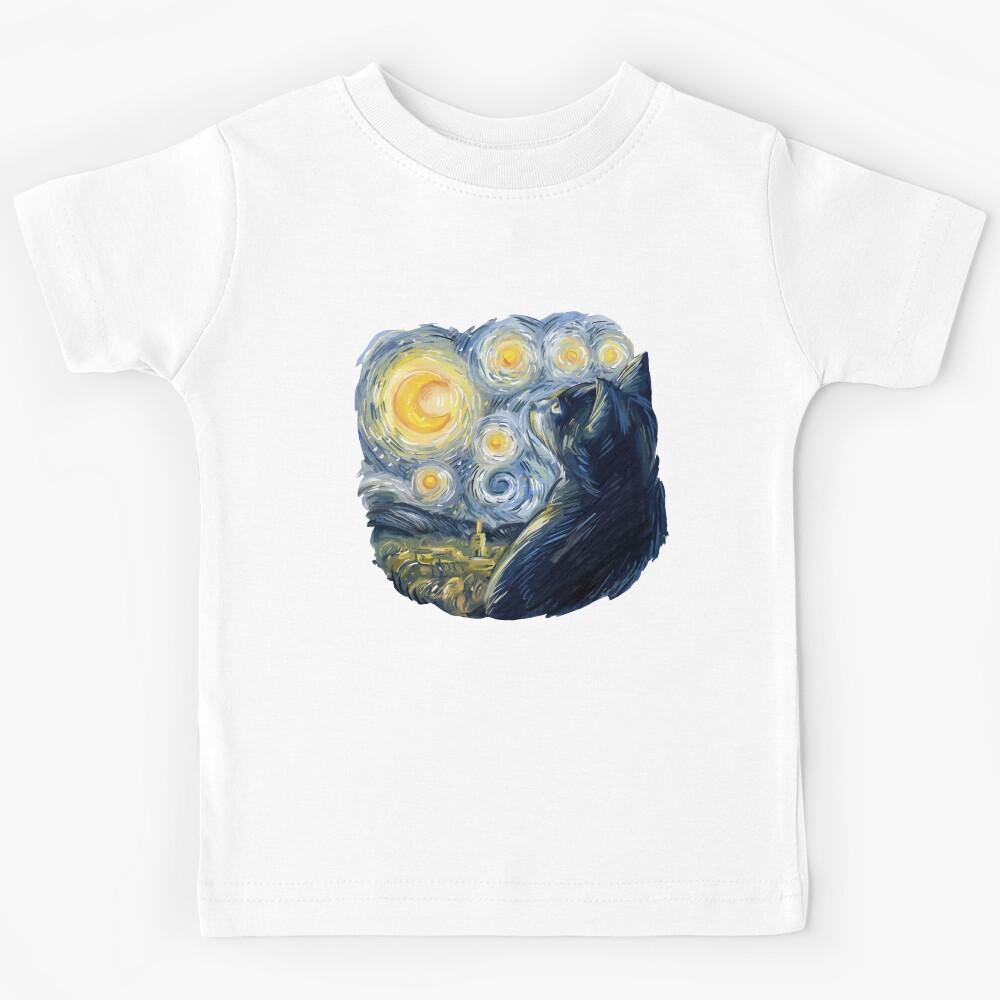 Starry Night Cat Art - Van Gogh Inspired Feline Design Kids T-Shirt 100