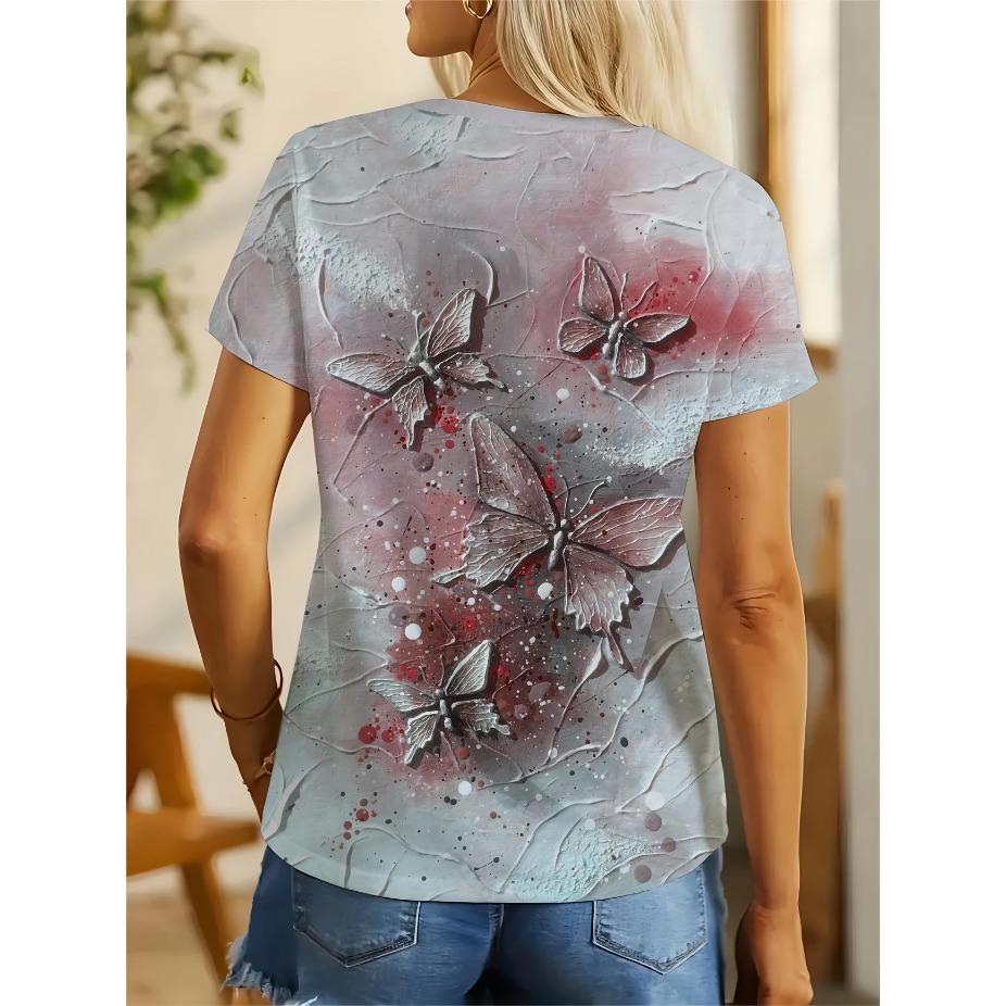 3D Butterfly Design T-Shirt, Casual Short-Sleeve Top Suitable for Spring and Summer, Womens Tees