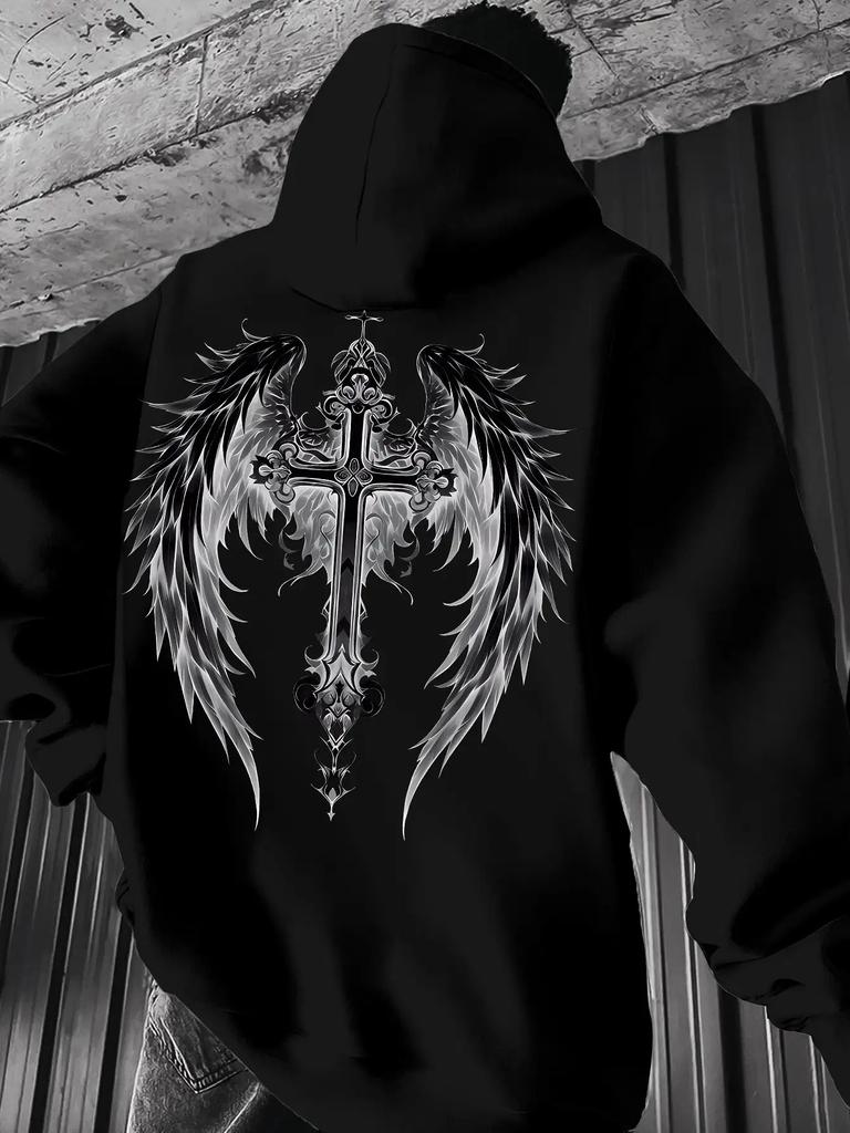 Large Print Loose Hooded Sweater, Dark Gothic Religious Men's and Women's Casual Pullover Hooded