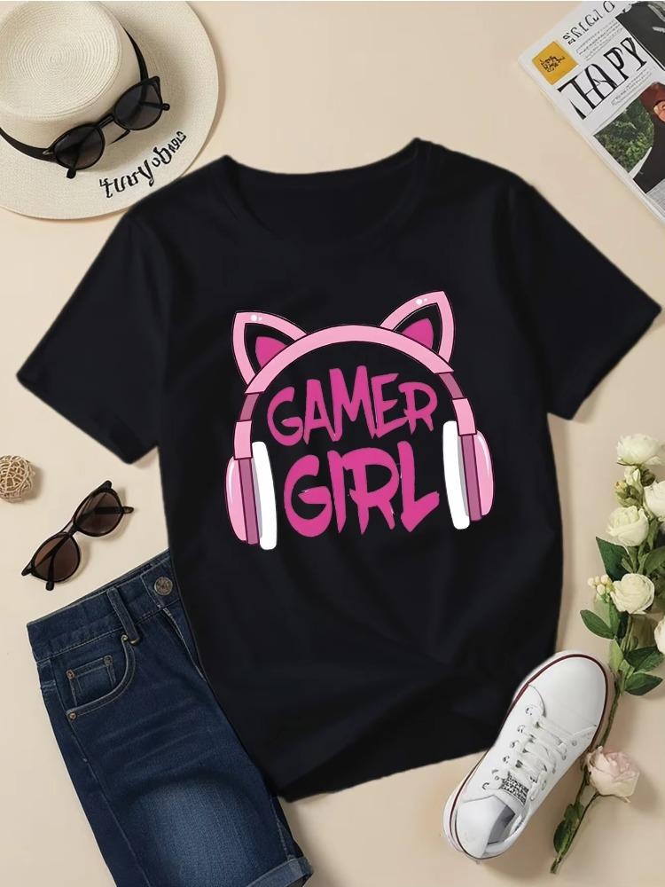 Gamer Girl Creative Printed Sleeve T-Shirt for Girls Stylish Print Casual Children Summer Top Clothing Round Neck Short