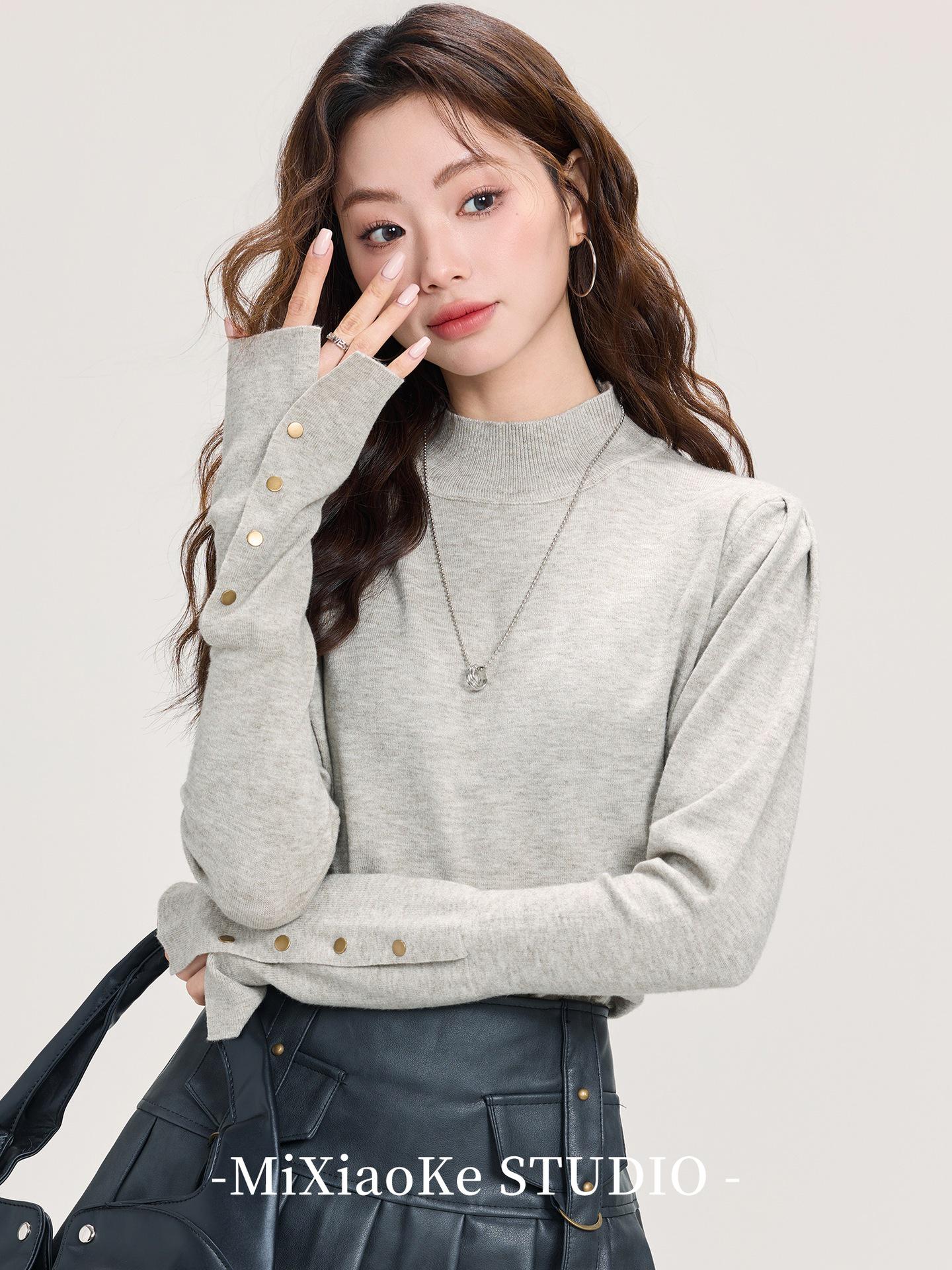 

Gray Semi-High Neck Long-Sleeved Knit Top for Women, Early Spring Petite Small