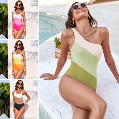 Damen Sommer Monokini Einteiler Farblich Passender Elastischer Weicher Ein-Schulter-Dünner Badeanzug Atmungsaktiv Schnelltrocknend Badeanzug Strandmode