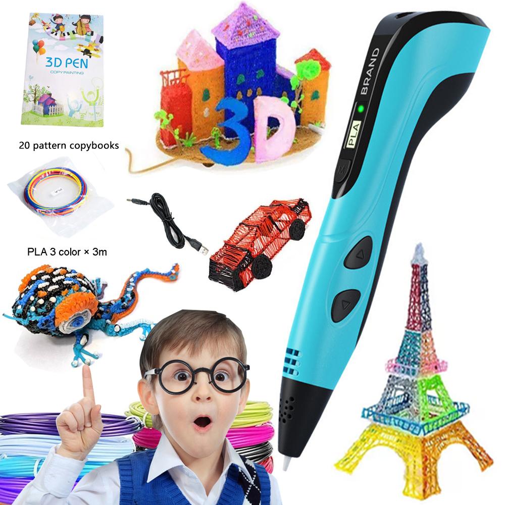 

Kid s LCD Screen 3D Pen 3D Drawing Printing Pen with 3 colors PLA Filament & 20 patterns copybooks for Children s educational DIY graffiti painting синій