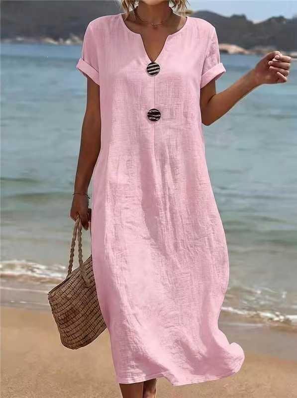 Summer European and American New Seaside Vacation White Women's Casual Solid Color Cotton and Linen Dress Mixed Batch
