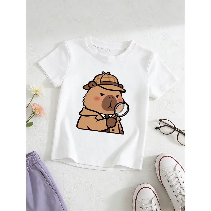 European sizes Girls' Short-Sleeve Capybara Detective T-Shirt, Kids' Round Neck Breathable Skin-Friendly Top, Korean Style , Versatile