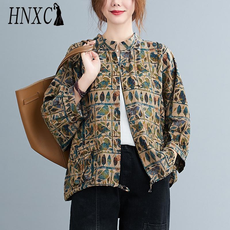 HNXC Cotton Linen Women Shirt Vintage Oversized Blouses Floral Print Harajuku Raglan Sleeve Casual Loose Female Button Down Shirts Tops