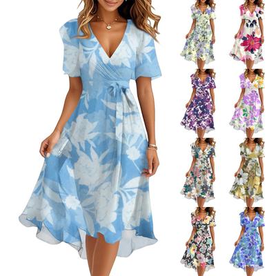 Γυναικείο Καλοκαιρινό Μόδα Φόρεμα με V-λαιμόκοψη και Κάτω Μέρος με Κίνηση, Φόρεμα με Κοντό Μανίκι και Φλοράλ Σχέδιο