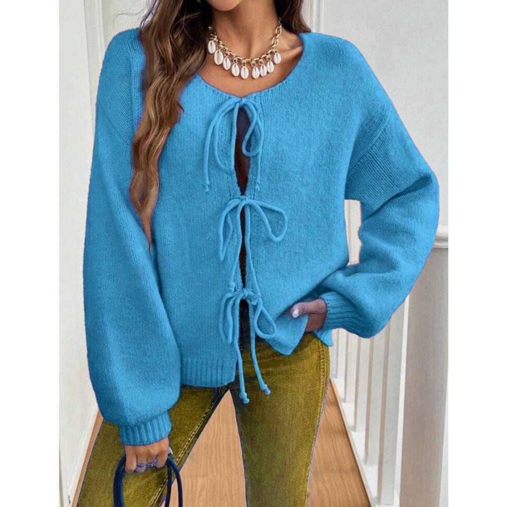 Autumn and Winter Women's Clothing, Casual, Loose Fitting, Cardigan, Tie Up, Solid Color Sweater
