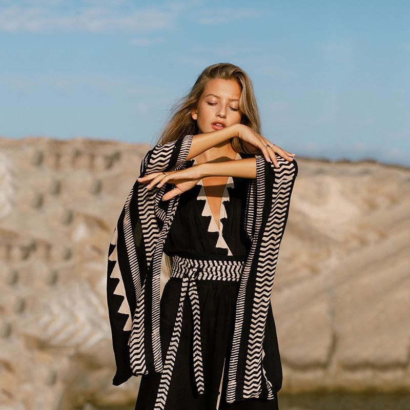 Beach Bikini Sun Protection Clothing Printed Cotton Wave Jacket Women